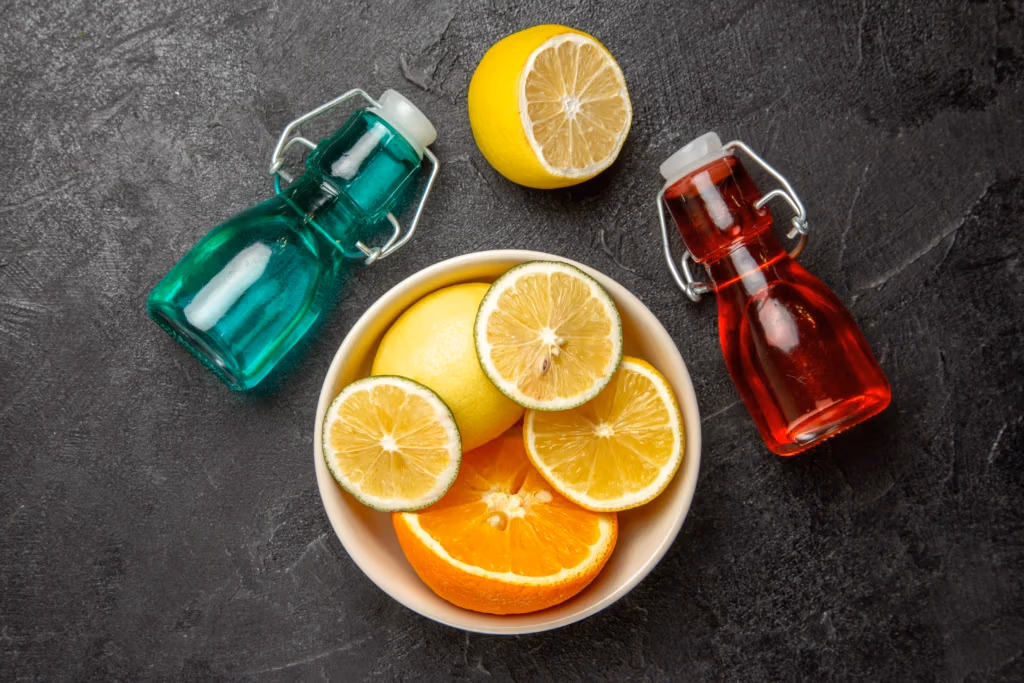 Top close up view citrus fruits bowl citrus fruits colorful bottles dark table