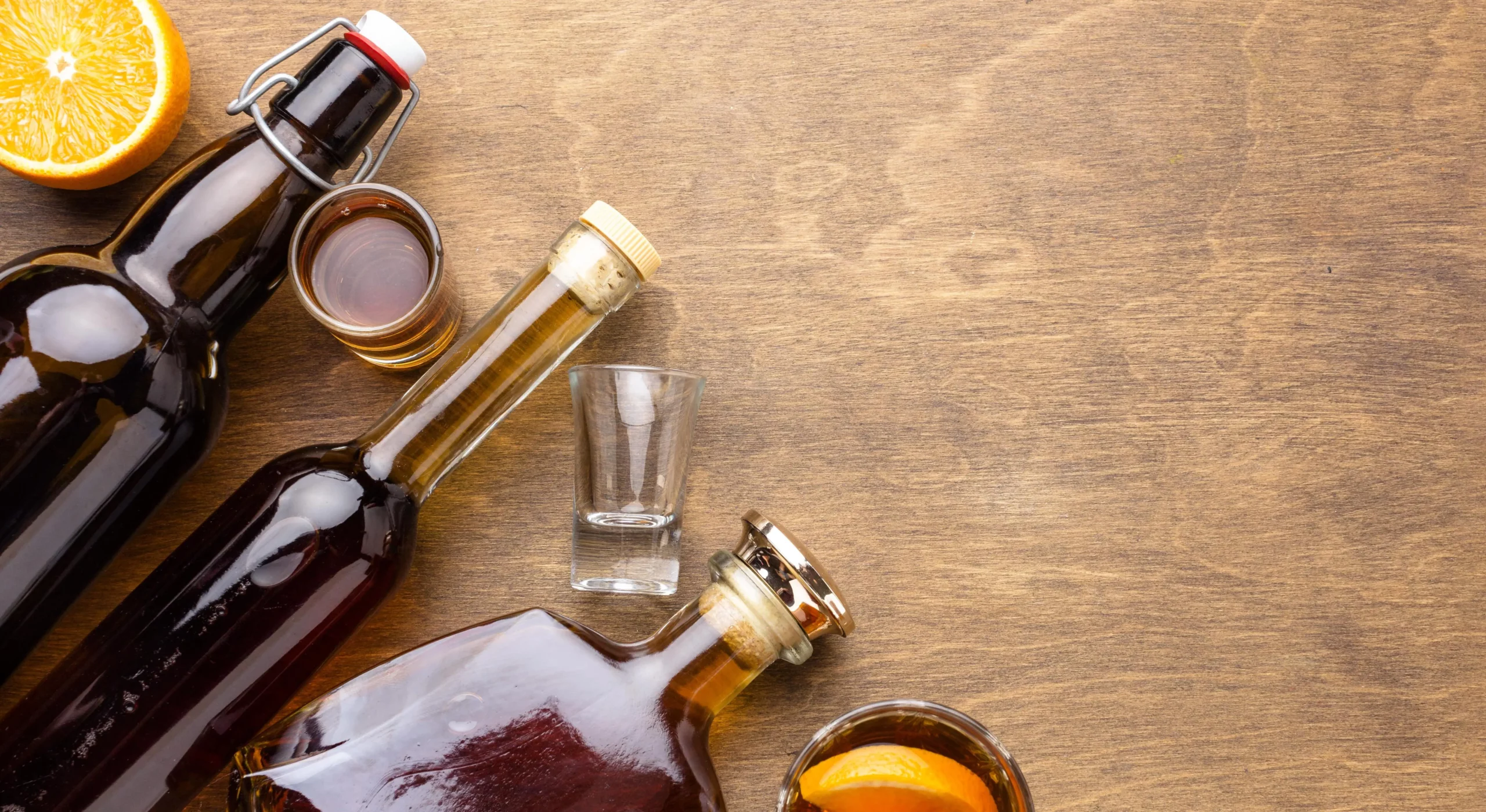 Top view alcohol bottles